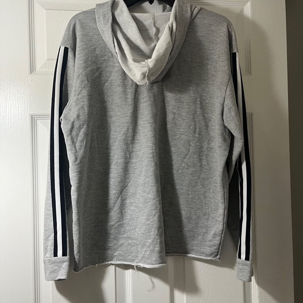 Just Be Womens Gray Striped Sleeve Raw Hem Pullover Hoodie Sweatshirt Large - Picture 3 of 5